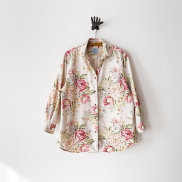 cute cottagecore blouse | 80s 90s vintage Cambridge Dry Goods white pink floral cotton long sleeve shirt 