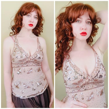 Y2K 100% Silk Champagne Beaded Butterfly Camisole / Gold Bead Cami / Tank Top / Small - Medium 