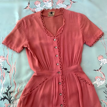 1940s Dusty Pink Rayon Crepe Dress by Carole King Junior Fashions - Slightly As-Is - Size XS/S