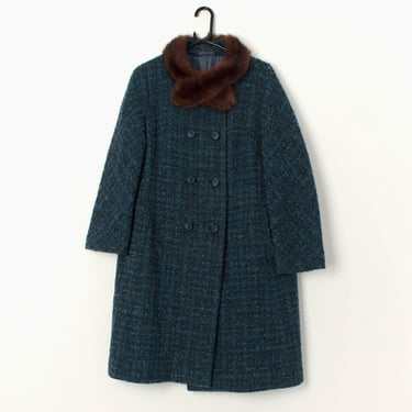 Vintage wool coat in blue tweed with brown fur collar - Medium 