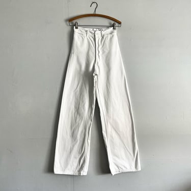 Vintage 50s 60s USN White Dungaree Flare Bottom Stencil Button Fly High Waisted Size 25 waist 