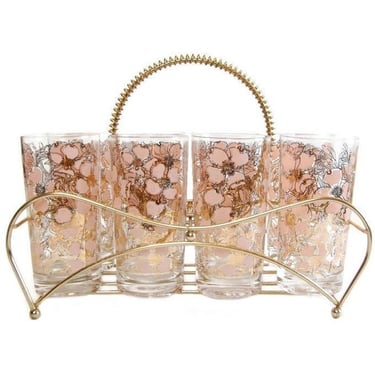 Vintage Fred Press barware set, 8 Highball cocktail glasses & carrier caddy, Glam pink w/ gold floral,  Mid Century glassware home bar decor 