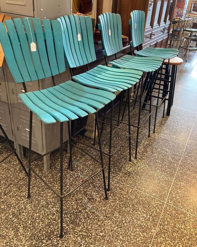Blue slat stools; 4 available 17” x 16” x 42.5” seat height 30” Call 202-232-8171 to purchase