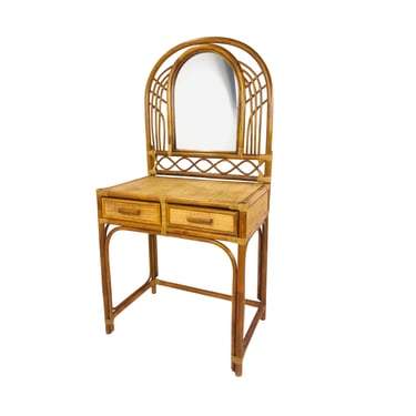 #1361 1970s Arched Rattan Vanity with Mirror