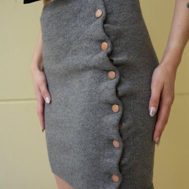 1990's Knit Skirt / Rodier Designer Skirt / Wool Knit Mini Skirt / Gray Hourglass Skirt with Side Buttons / Autumnal Fall and Winter Skirt 