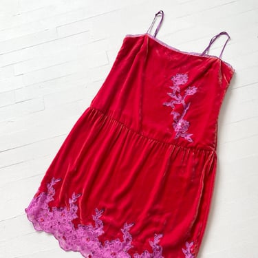 1990s Betsey Johnson Red Velvet Slip Dress with Purple Lace and Sequin Trim 