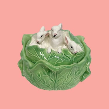 Vintage Cabbage Covered Dish Retro 1960s Mid Century Modern + Holland Mold + Three White Bunnies + Candy Storage + Easter Decor + Kitchen 