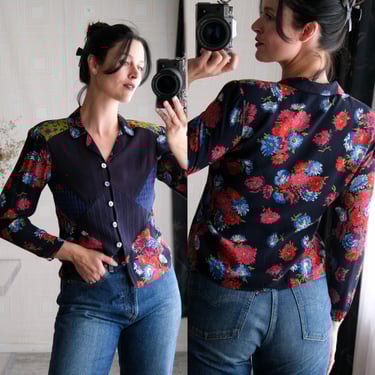 Vintage 90s CAROLE LITTLE Navy Camp Collar Floral Multi Pattern Print Patch Power Shoulder Blouse | 1990s Designer Cropped Rayon Blend Top 