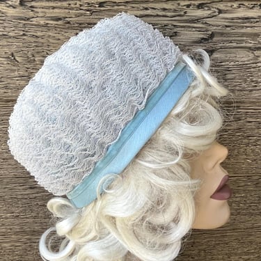 vintage lace ruffled hat 1960s Gus Mayer light blue whimsy cap 