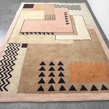 Vintage Postmodern Art Deco Style Abstract Geometric Rectangular Wool Rug Signed JJB 1980s 