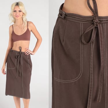 70s Wrap Skirt Brown High Waisted Plain Midi Skirt Boho 1970s Hippie Retro Vintage Bohemian Eco Simple Medium Large 