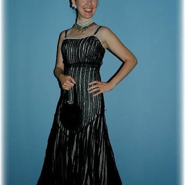 Vintage 1930’s Black Lace Strapless Prom/ Evening Dress with Pearl Trim & Necklace 