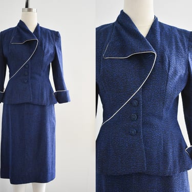 1950s Lilli Ann Navy Asymmetrical Wool Skirt Suit 