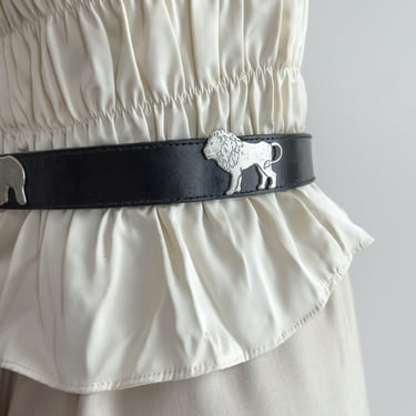 black leather belt 80s 90s vintage silver lion elephant tiger belt 