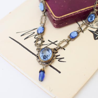 Antique 1910s Czech Glass and Brass Necklace | Blue Gems | Cut Glass Paste Art Deco Beaded Necklace | Bridal | Wedding 