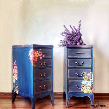 Refinished set of 2 nightstands. Bedroom furniture. End Tables. Blue and Gray curved stands. 