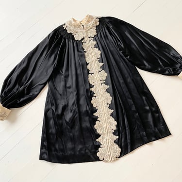 1970s Embellished Black Satin Dress with Balloon Sleeves 