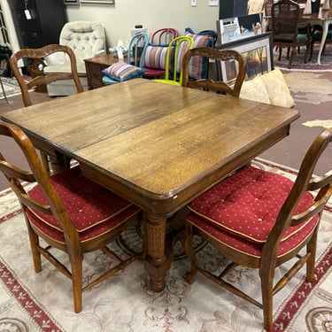 Vintage Oak Dining Table (1880's), with Four Ladderback Upholstered Chairs & 3 Leaves