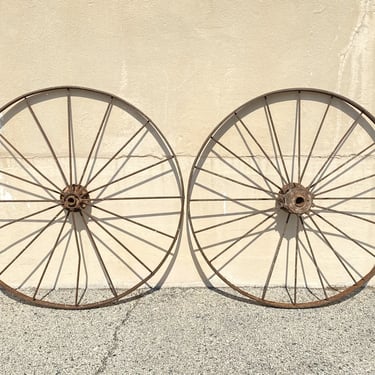 Antique Wrought Iron Metal 54" Primitive Rustic Buggy Carriage Wheels - a Pair