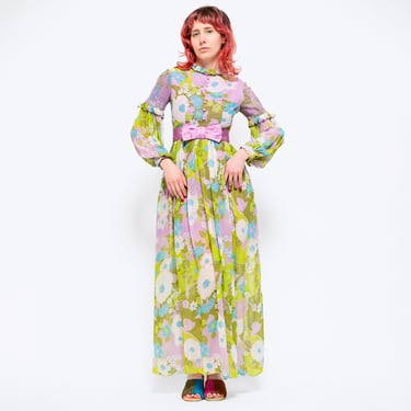Petite XS 60s Boho Green & Lilac Floral Folk Maxi Dress | Vintage Renaissance Bishop Sleeve High Neck Hippie Gown 