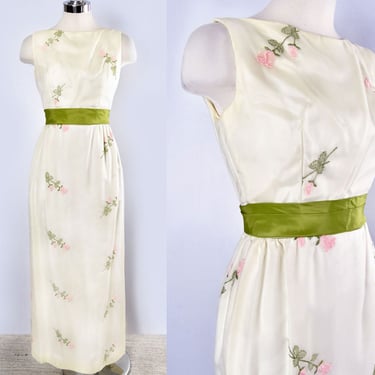 60's Long Evening Dress Gown, Embroidered Roses, Vintage 1960's Pink White & Green Cocktail Party 