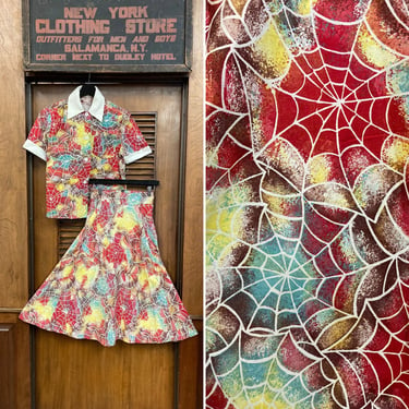 Vintage 1950’s Atomic Spiderweb a Novelty Cotton 2 Piece Rockabilly Top Skirt Set, 1950’s Two Piece Set, Spiderweb Skirt, Spiderweb Blouse 