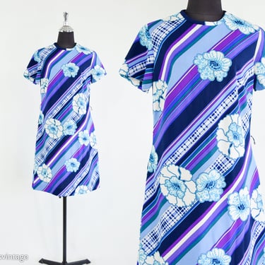 1960s Purple & Blue Stripe Shift Dress | 60s Floral Print Dress | Stripe Dress | Mod Dress | Twiggy | Sears Fashion |  Medium 