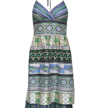 Kay Unger - Green & Blue Mixed Print Halter Dress Sz 6