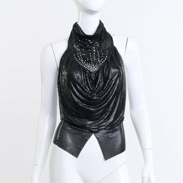 Rhinestone Cowl Metal Mesh Halter Top