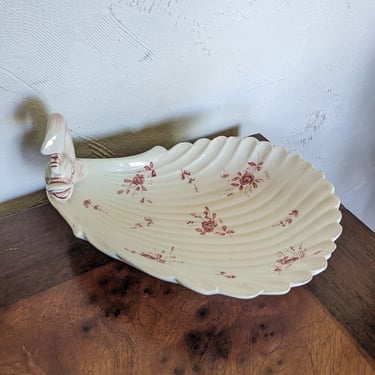 Vintage Italian Ceramic Seashell Dish Pink Flowers Fish Detail Handle 