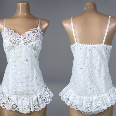VINTAGE 80s White Eyelet and Lace Teddy Bodysuit By Blush Size M | 1980s Cottagecore One Piece Step-in Lingerie Romper | VFG 