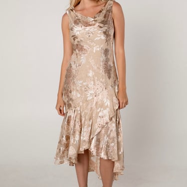 Champagne Floral Silk Devoré Asymmetrical Dress