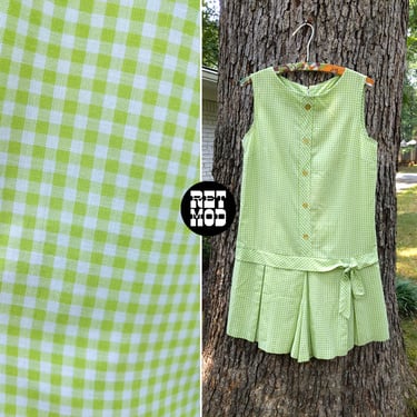 Mod Vintage 60s 70s Light Green Gingham Plaid Romper Dress 