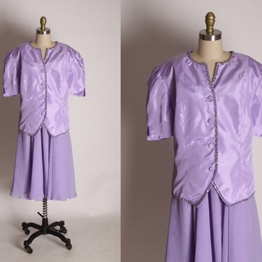 1970s Pastel Purple Puffy Half Sleeve Sequin Detail Button Up Shirt with Matching Skirt Two Piece Outfit Skirt Suit -1XL 