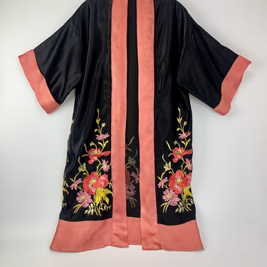 Authentic 1920's Duster - Black Silk Satin with Coral Trim - Silk Floral Embroidery - Great Gatsby Style - Women's Size Medium 