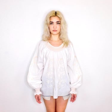 Poet Sleeve Blouse // vintage 70s 1970s 70's embroidered ivory boho hippie off white hippy long sleeves cotton 60s 1960s dress // O/S 