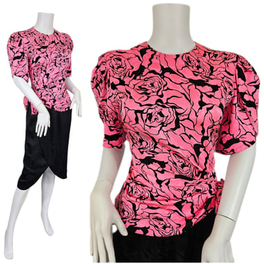 A.J. Bari Hot Pink Black Floral Print Embossed Silk Dress I Sz Med 