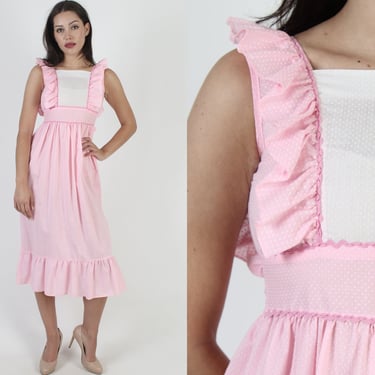 White Swiss Dot Mini Dress / Ruffle Shoulder Pinafore Dress / Vintage 70s Plain Color Dress / Empire Waist Womens Prairie Mini 
