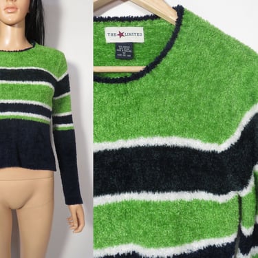 Vintage 90s/Y2K Fuzzy Lime Green Striped Sweater Size M 