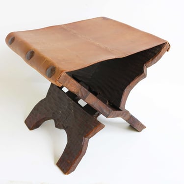 Brutalist Mid Century Rustic Seat Folding Stool Hand Carved Wood Leather Seat Large Nail Heads X Frame Base Vintage Ottoman Footstool 1950s 