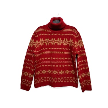 1980s J. CREW Snowflake Fair Isle Sweater, Cherry Red Wool Turtleneck, Nordic Scandinavian Outdoor Pullover, Made in Hong Kong 