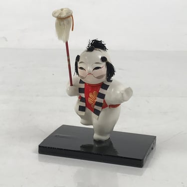 Japanese Baby Wooden Figurine Vtg Kaga Ningyo Chubby White Apron Spear Doll ST48