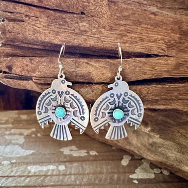 SILVER CELESTIAL THUNDERBIRD Turquoise Earrings | Dangle Bird Earrings | Southwestern Navajo Style Jewelry 