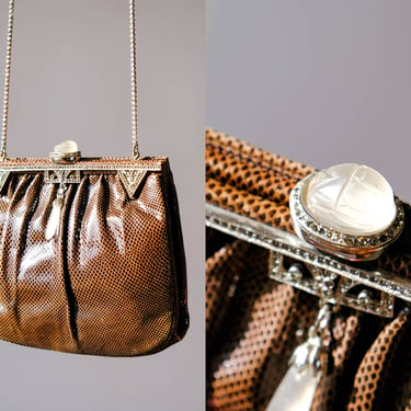 Vintage 80s Judith Leiber Dark Brown Karung Snakeskin Scarab Clasp Crossbody Handbag w/ Rhinestone Accents | 1980s Luxury Designer Purse 