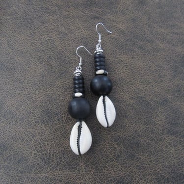 Cowrie shell and black and silver earrings 2 