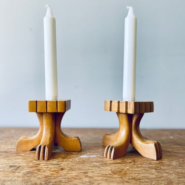 Mid Century Carved Wood Candlestick Holders | MCM Danish Scandinavian Candle Holders | Mid Century Decor 