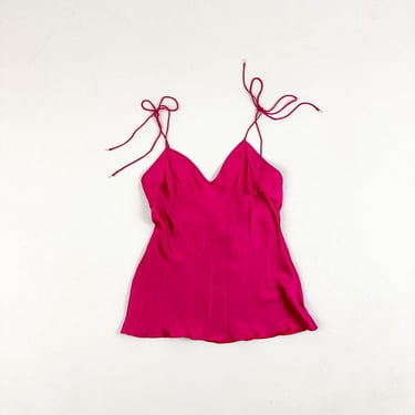 y2k Emanuel Ungaro Parallele Hot Pink Silk Tank Top / Spaghetti Straps / Tie Straps / Crystals / Bow / Coquette / Ballet Core / Barbie / M 