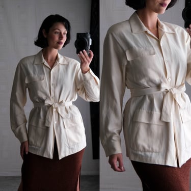 Vintage 90s JONES NEW YORK Cream Silk & Linen Belted Chore Jacket | Silk / Rayon Blend | 1990s Does 1940s Designer Belted Chore Jacket 