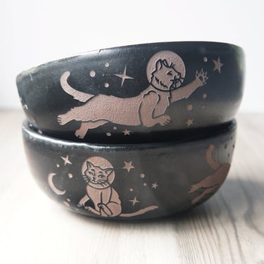 Astronaut Space Cats Bowl - handmade celestial pottery 