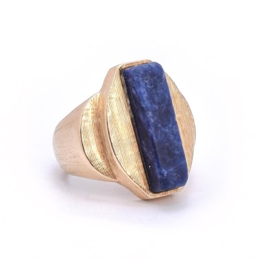 Vintage 14K Gold and Blue Sodalite Statement Ring, Blue Raised Rectangular Stone Gold Ring, Size 3 3/4 Resizable 